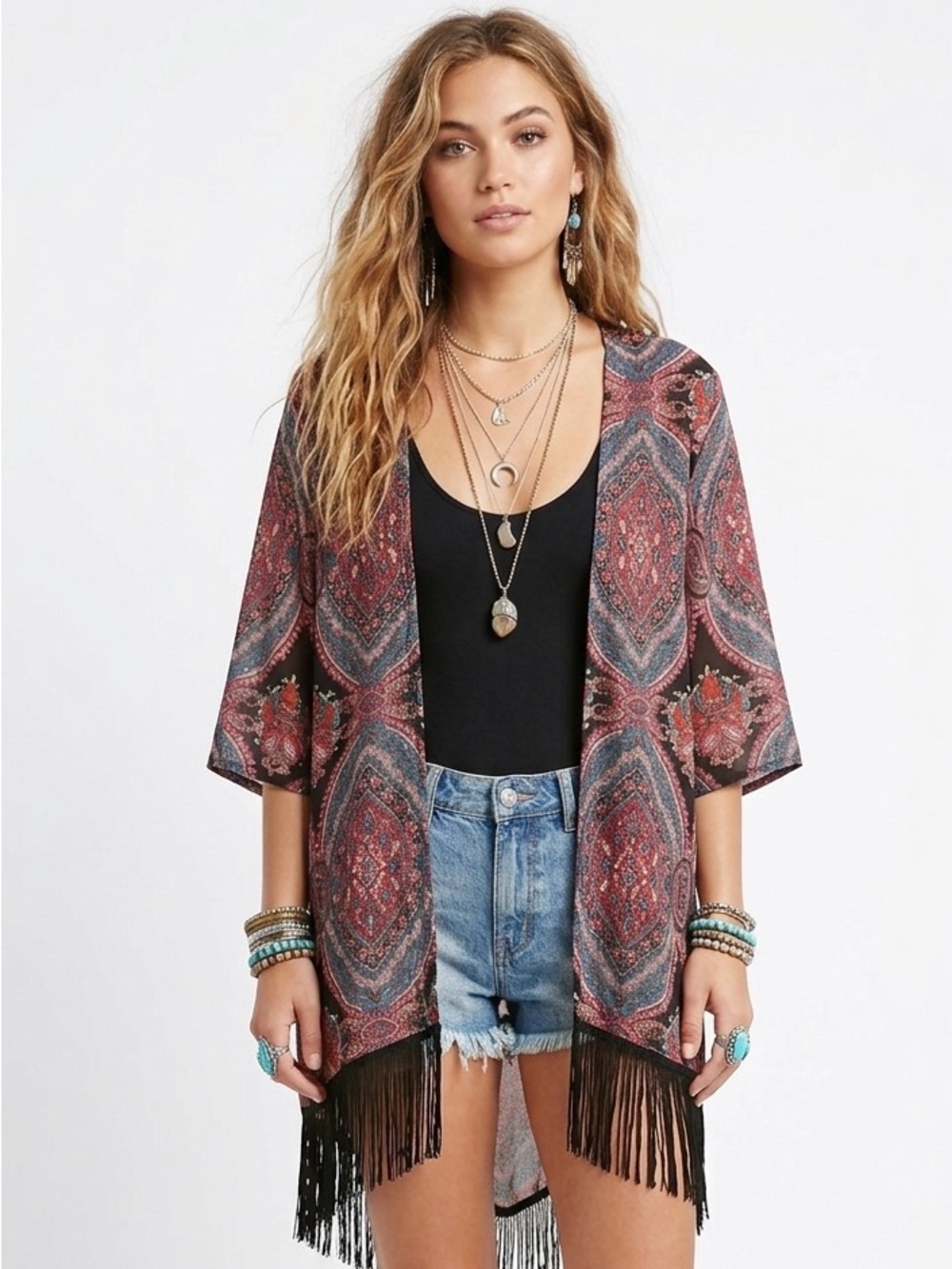 Women's Design Lab Paisley Printed Fringe Kimono